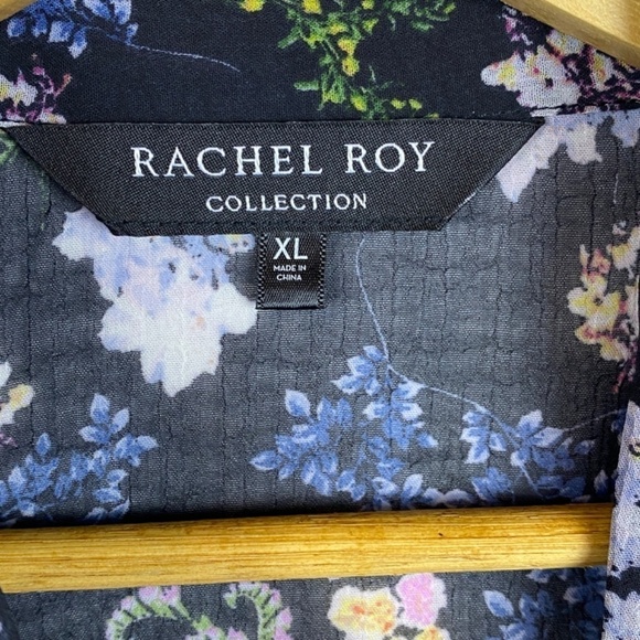 Rachel Roy Collection Women's Sz XL Black Floral Semi- Sheer Blouse Top Tie neck - Picture 4 of 9